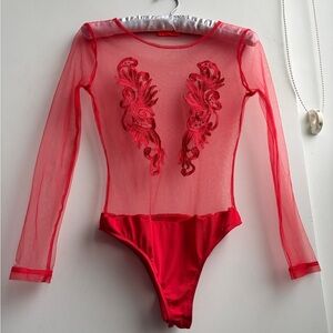 Banjul Red Sheer One Piece Long Sleeve Bodysuit with embroidered appliqué bust